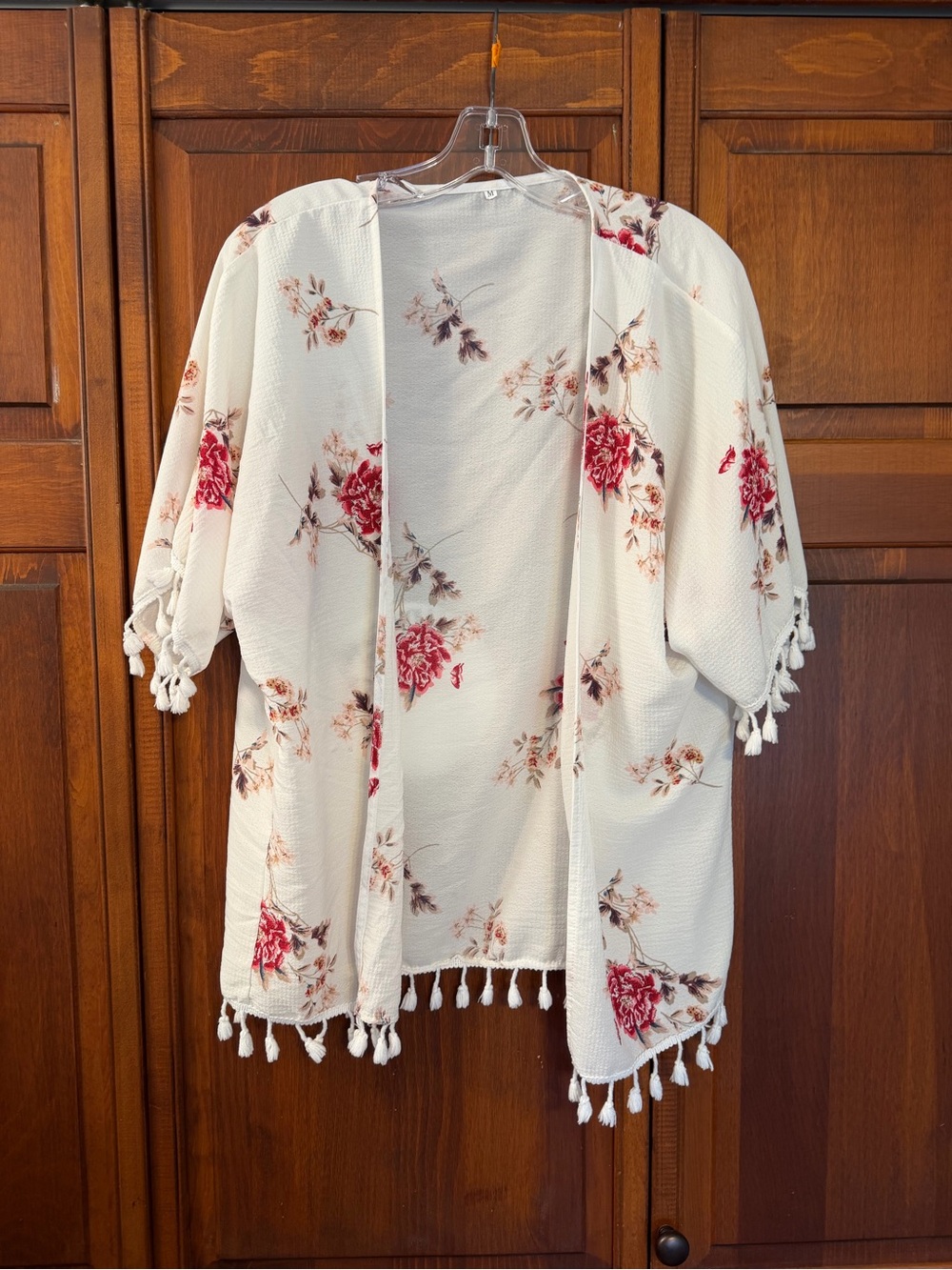 Floral Tassel Kimono/coverup - Ivory with Red Rose Print size Medium